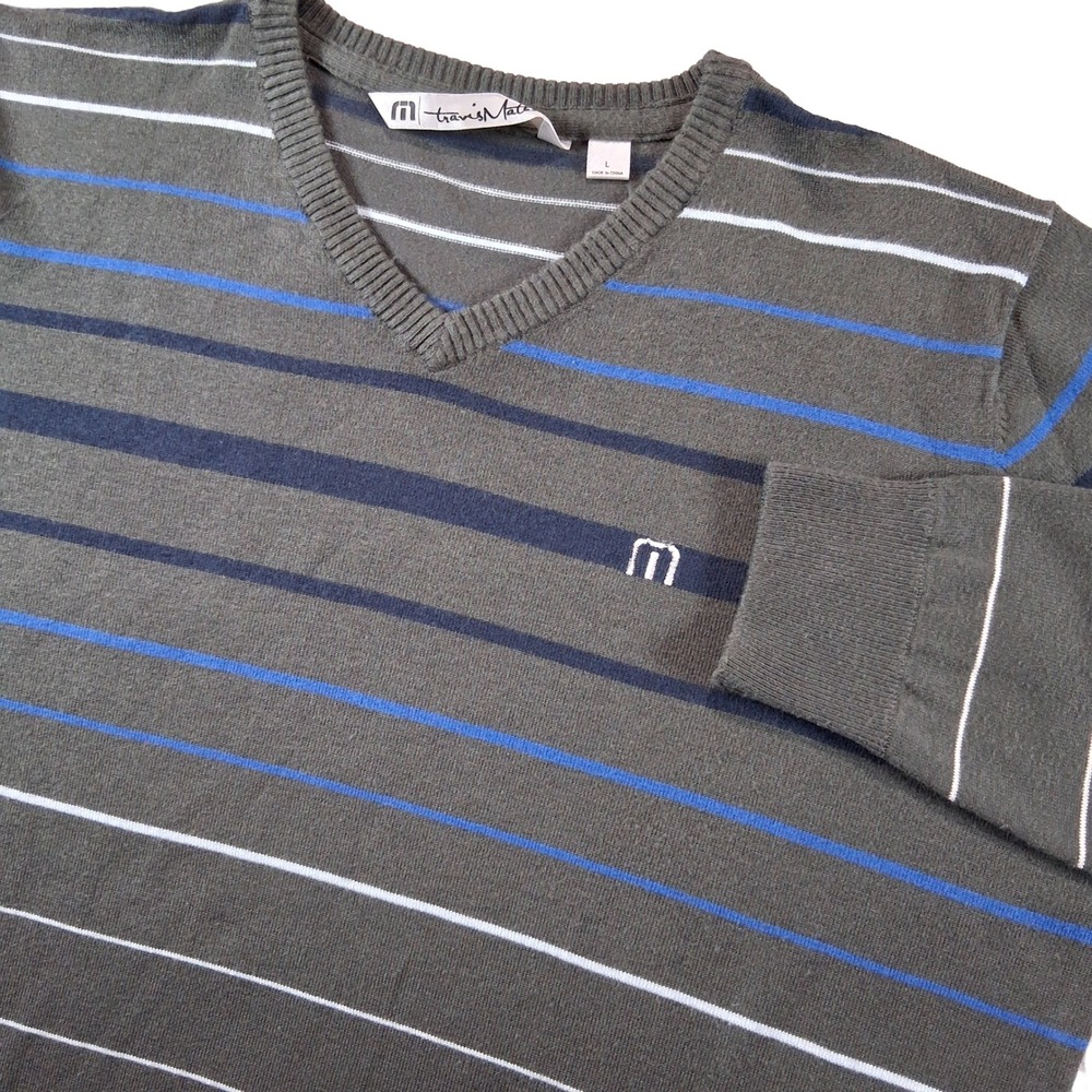 TravisMathew Sweater Mens Large Olive Green Striped V-Neck Long Sleeve Golf